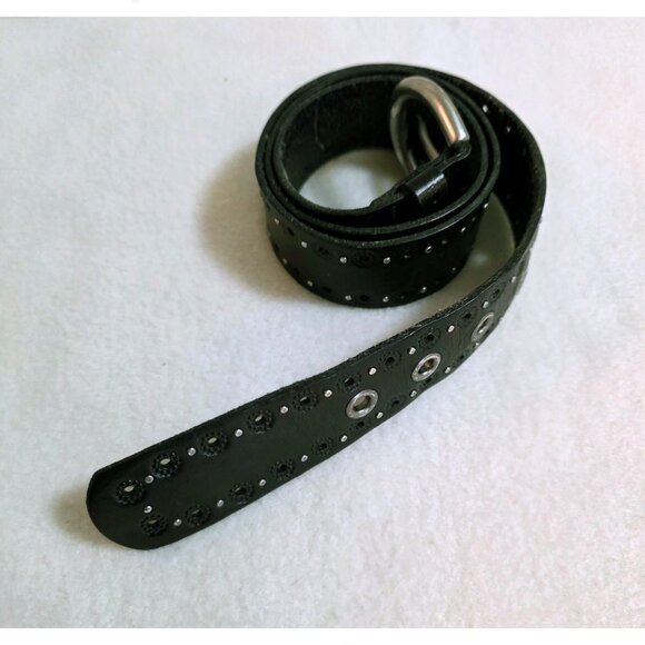 Fossil Mens Leather Belt Sz Med Black punch design silver tone cabs - Picture 1 of 7